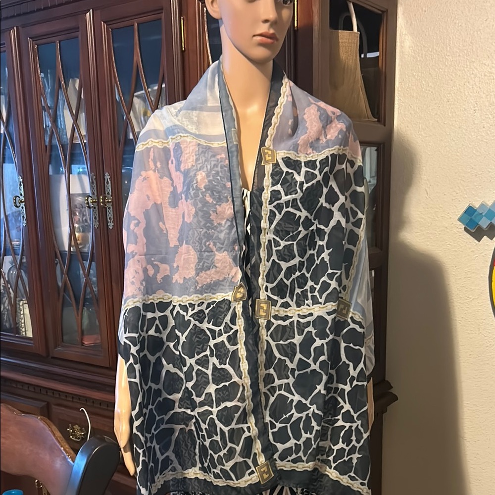 Fendi Black, Pink & Cream Patterned Silk Scarf Wrap